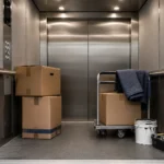 Aufzugskabine mit Kartons, Werkzeug und Renovierungsmaterial als typische Ursache für Schäden im Aufzug